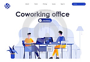 Coworking office flat landing page design. Young people working with computers in coworking openspace area scene with header.