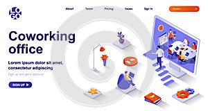 Coworking office isometric landing page. Colleagues work in open space isometry concept. Company employees, coworker workspace 3d