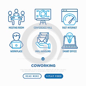 Coworking office thin line icons set: meeting room, conference hall, workplace, mail handling, smart office. Vector illustration