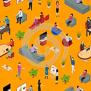 Coworking People and Equipment 3d Seamless Pattern Background Isometric View. Vector