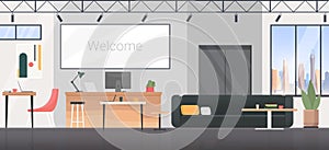 Coworking room interior flat design vector illustration, cartoon empty modern office apartment with sofa and desk