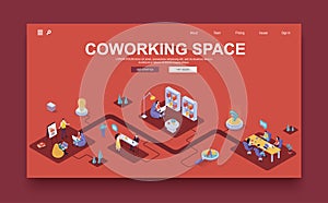 Coworking space concept 3d isometric landing page template. People work in open office, collaborate and hold conferences, discuss