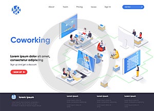 Coworking space isometric landing page. Freelancers working with laptops, business team together in coworking area