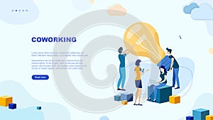 Coworking space page concept. Successful teamwork. Office workers. Exchange ideas. Freelancer.