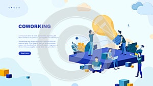 Coworking space page concept. Successful teamwork. Office workers. Exchange ideas. Freelancer.