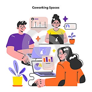 Coworking space. Shared working environment. Characters working