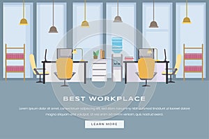 Coworking workspace landing page flat template. Modern empty office interior, corporate workplace with furniture web