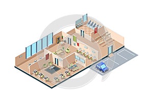 Coworking. Zone startup loft modern open space business office creative rooms with furniture vector isometric interior