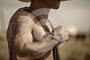 cowpoke with tattoo of lasso on his arm, ready to wrangle the next herd