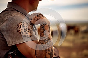 cowpoke with tattoo of lasso on his arm, ready to wrangle the next herd