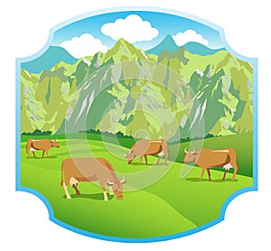 Cows On The Alpine Meadows. Mountains Range And Green Valley. Background For Label.