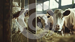 Cows in a barn looking at camera. Farm animal welfare and agriculture concept