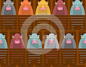 Cows in barn pattern seamless. Cattle on farm background. vector texture