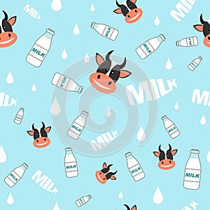 Cows and bottles of milk seamless background