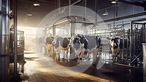 Cows in cow milking facility. Farm dairy and milk production livestock industry. Generative Ai