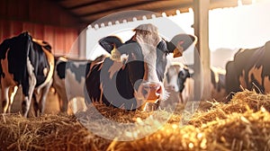 Cows at cowshed eating hay or fodder on dairy farm. Generative Ai