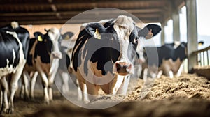 Cows at cowshed eating hay or fodder on dairy farm. Generative Ai