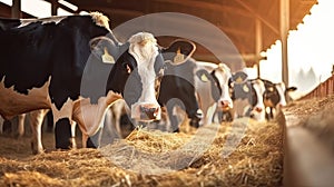 Cows at cowshed eating hay or fodder on dairy farm. Generative Ai