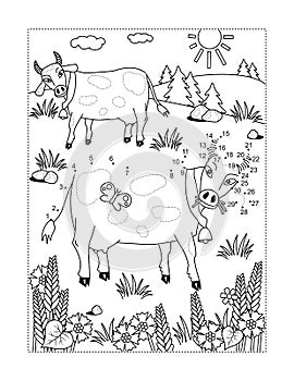 Cows dot-to-dot picture puzzle and coloring page