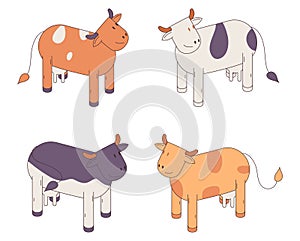 Cows drawn with 3d effect. Isolated on white background farm animals in various poses