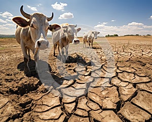 cows in a dry field under a hot sun.
