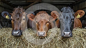 Cows eating hay in a dairy farm cowshed, cattle feeding on fodder in rural barn scene