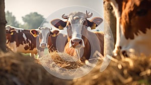 Cows eating hay in a farm barn