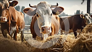 Cows eating hay in a farm barn