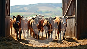 Cows Emerging from Barn