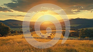 Cows graze in golden pasture at sunset over rolling hills