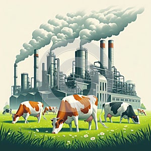 Cows graze on a green meadow against the backdrop of an industrial plant.