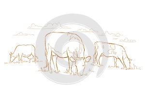 Cows graze in the meadow. Hand drawn sketch. Animal farm. Dairy product. Rural landscape panorama. Milk produce.