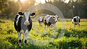 Cows graze in the meadow. Selective focus.