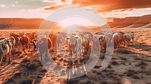 cows graze in the pasture at sunset