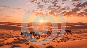 cows graze in the pasture at sunset
