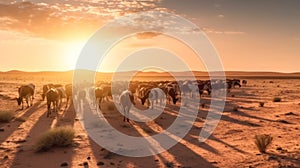cows graze in the pasture at sunset
