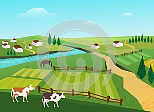 Cows graze in village countryside summer landscape, milk cattle farm, farmhouses