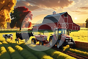 Cows Grazing in a Golden Hour-Lit Pasture, Traditional Red Barn in the Background, a Tractor Plowing