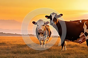 Cows Grazing in the Serene Sunset: Picturesque Rural Landscape.