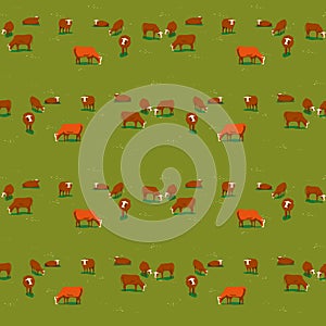 Cows on green meadow flat color seamless pattern
