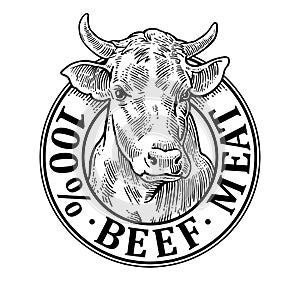 Cows head. 100 percent beef meat lettering. Vintage vector engraving