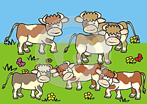 Krávy na pastvina louka vektor ilustrace příroda obdélník ohraničující tisknutelnou oblast 