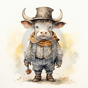 Quirky Watercolor Illustration Of A Cowboy Cow photo