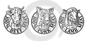 Cows, pig, sheep head. 100 percent beef pork lamb meat lettering