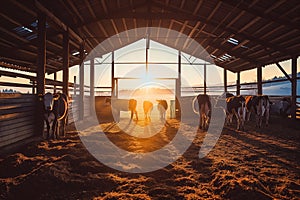 Cows stuck in a stall eating hay at sunset, group of cows in a barn