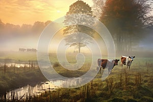 cows tail swishing in a misty morning meadow