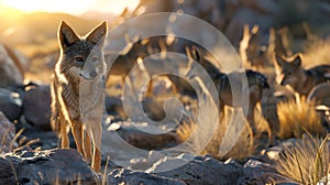 Coyot family standing in front of the camera in the rocky plains.