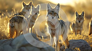 Coyot family standing in front of the camera in the rocky plains with setting sun.