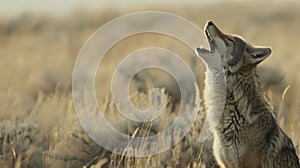 A coyote howls in the distance its mournful cry echoing through the desolate landscape.