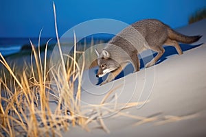 a coyote prowling dunes in moonlight